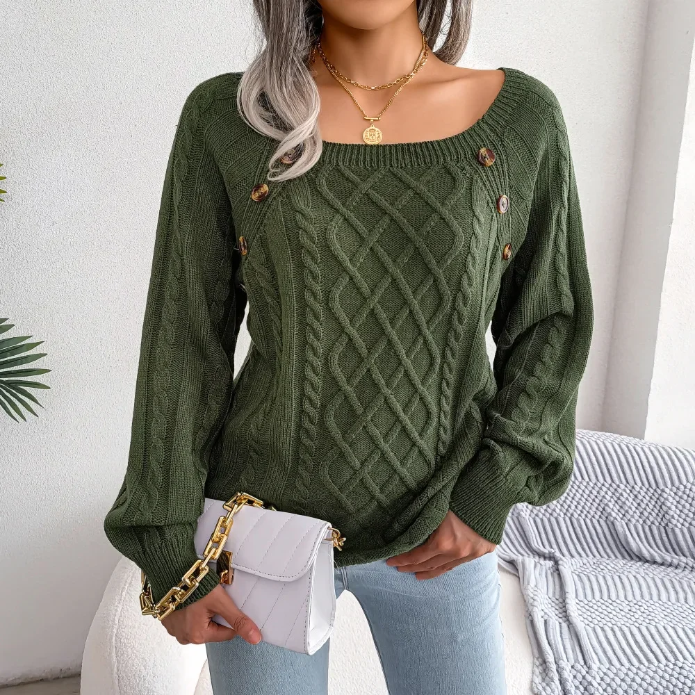 Camisolas femininas de malha com gola quadrada, monocromático, feminino casual pulôver solto, tops outono, inverno, botões, malha de manga comprida