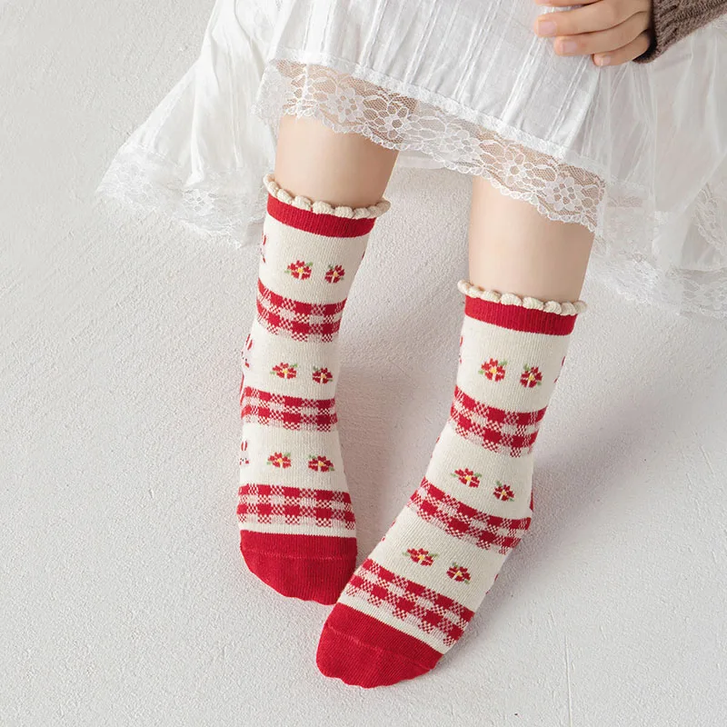 Chaussettes en coton à motif de grandes fleurs pour enfants, douces, moyennes, bébés filles, nouvel an, automne, hiver, 5 paires