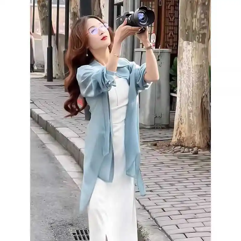 

Женская летняя новинка 2025: Нежная солнцезащитная рубашка с длинным рукавом, универсальная базовая модель с воротником на пуговицах из тонкой ткани