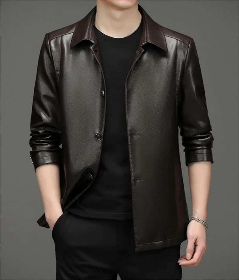 

Men's Leather Suit Autumn New Button Lapel Casual Young and Middle-Aged Leather Jacket Men's Coat Trench Coats