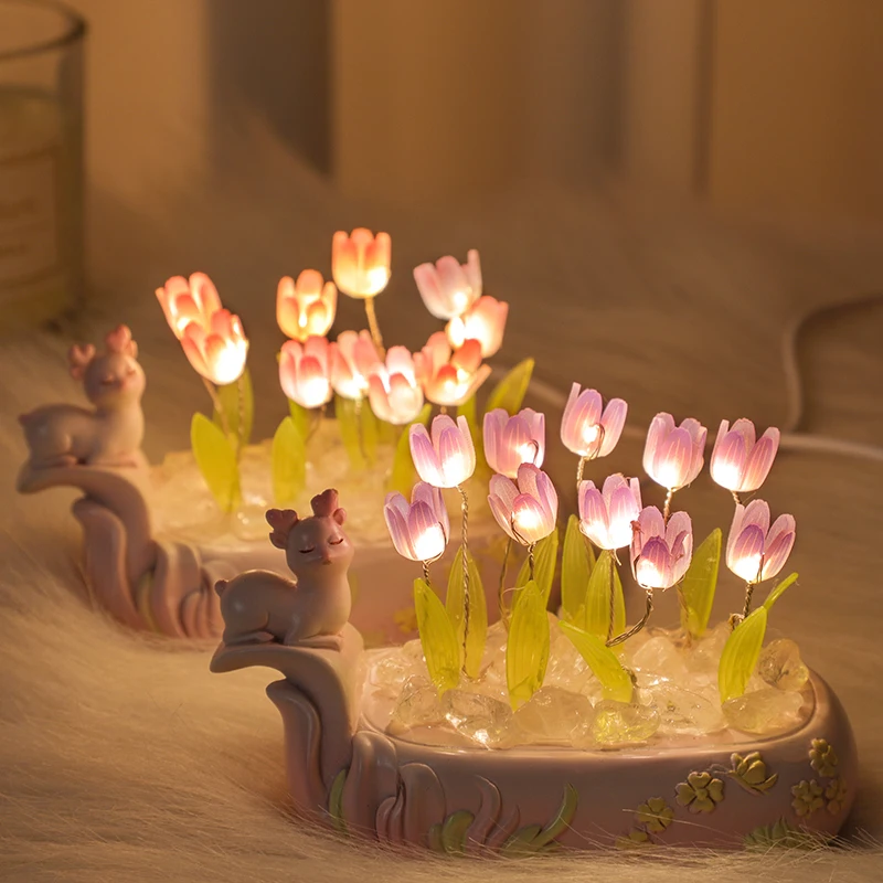 Luz nocturna de tulipán de ciervo para niña, decoración de escritorio para sala de estar, regalo de cumpleaños hecho a mano, regalo de vacaciones DIY (10 flores), 2024