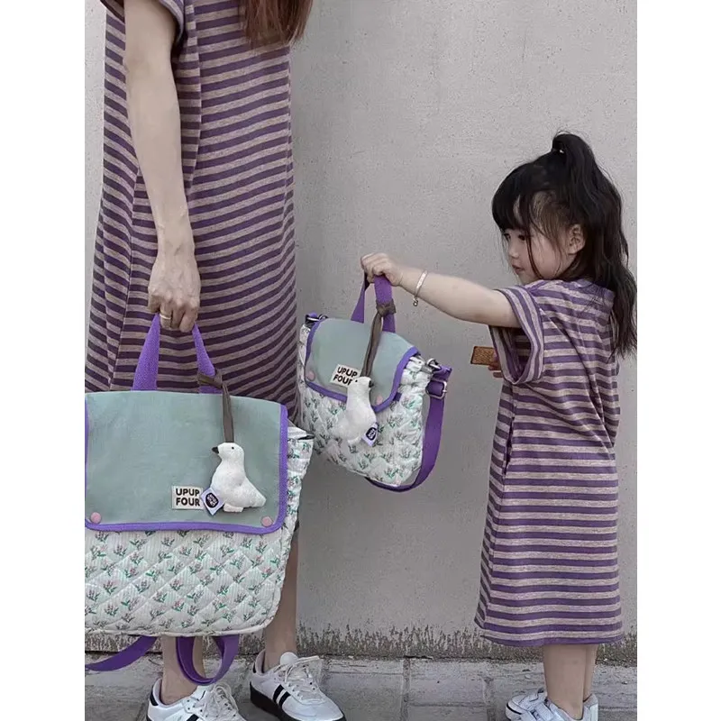 Mother and Daughter Matching Dress Cotton Purple Striped Print Mom Women and Baby Girls Dresses Mummy and Son Clothes Kids Sets