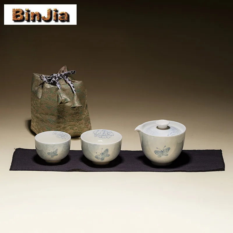 Hand-painted Butterfly Travel Tea Set Kit Vintage 1 Pot 2 Cups Tea Making Organizer Portable Outdoor Stock Bags Ornaments Craft
