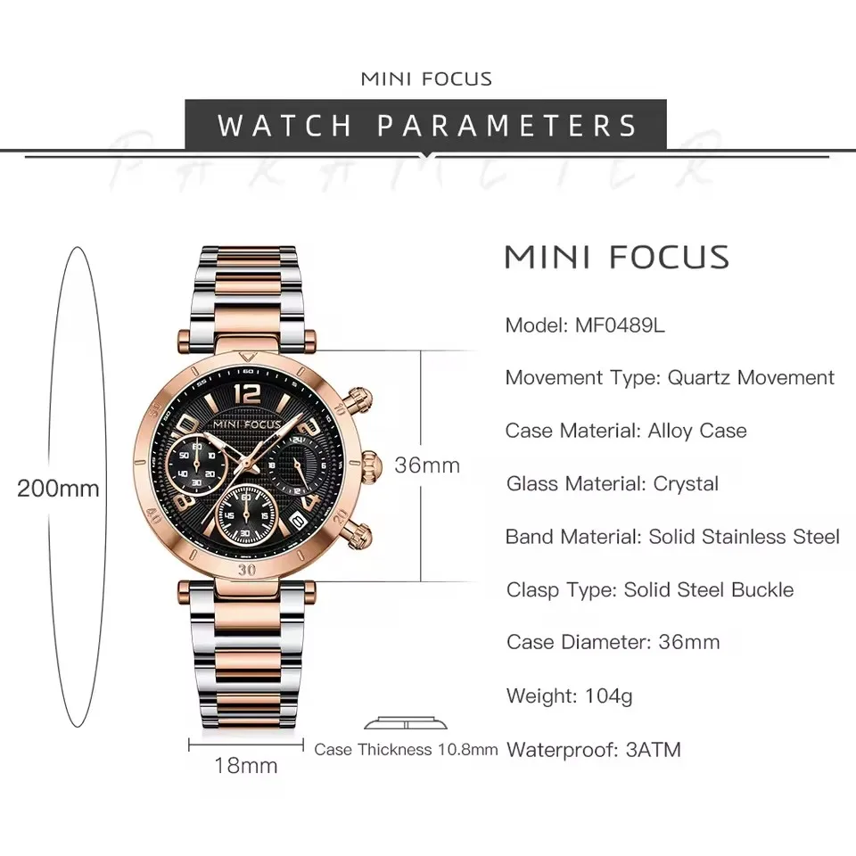 MINI FOCUS 0489 mode luxe ceinture en acier montre pour femme étanche lumineux chronographe calendrier montres à Quartz pour les femmes Часы