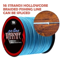 Warknife 16 Strands 100M - 2000M Hollow Core PE Extreme Braided Fishing Line 20LBs-500LBs Japan Multifilament Assist Line Blue