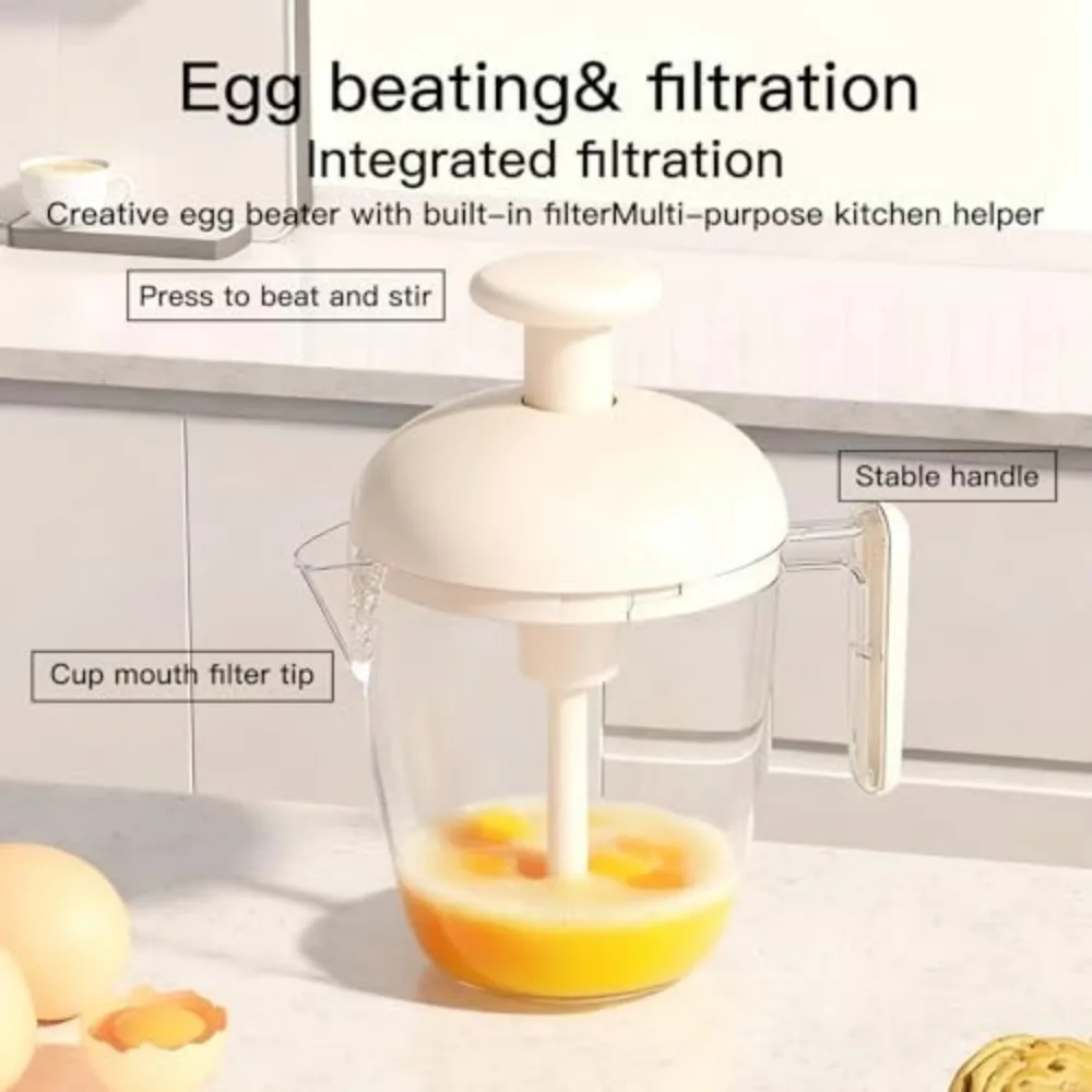 Egg Whisk,Manual Press Egg Beater with Egg Cup, Multifunctional Handheld Mixer for Beating, Whipping & Mixing, Effortless Operation for Eggs, Milk Foam (White)