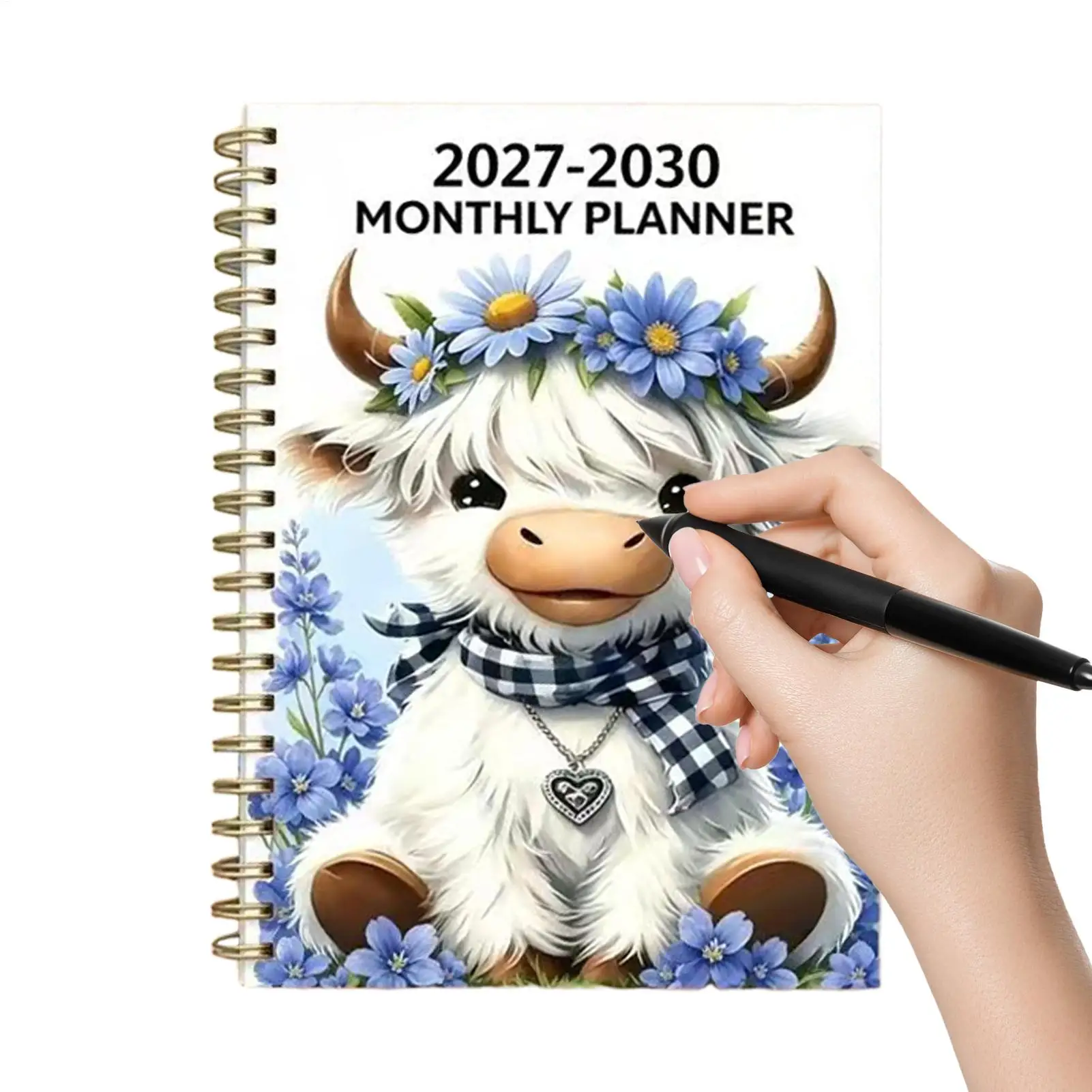 Yearly Planner 2027-2030 Cow Design Flexible Cover Diary Notebook 8.27x5.51inch Monthly Planner Calendar with Writing Space