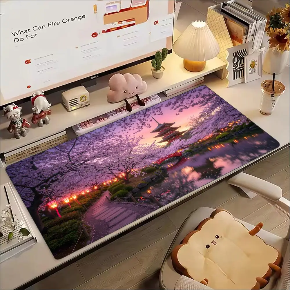 Japanese Sakura Five Story Pagoda Night Large Mouse Pad Non Slip Rubber Anime Desk Mat For Japanese Style Office Workspace