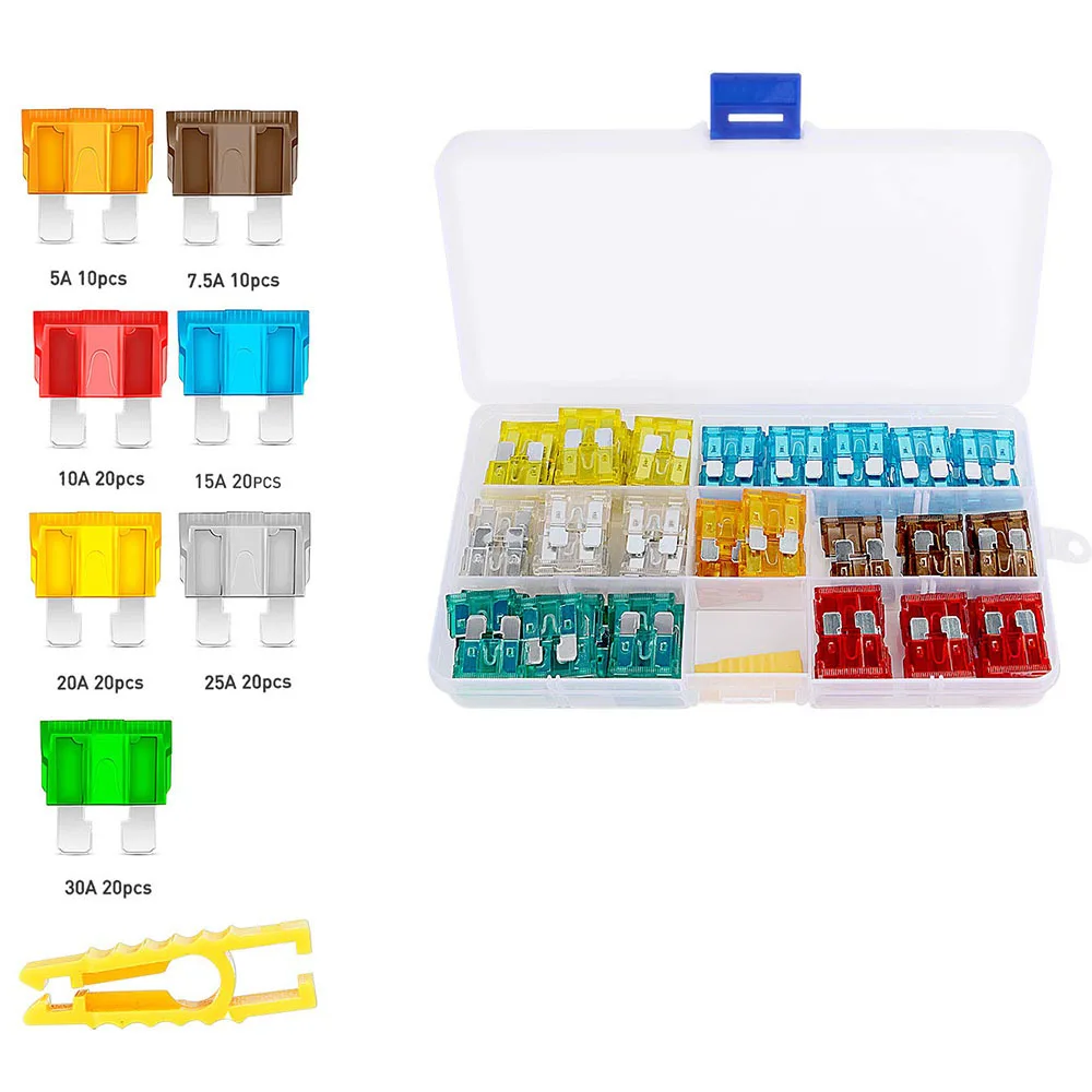 120Pcs Standard Auto Blade Fuse Assortment Box 5A-30A Zinc Aluminum Vehicle Fuse Kit for Car Motorcycle with Fuse Puller