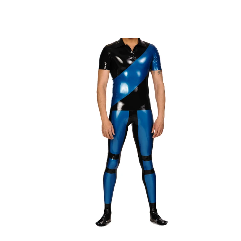 Latex 100% Rubber Catsuit Mannen Marineblauw En Zwart Strakke Jumpsuits Maat XXS-XXL