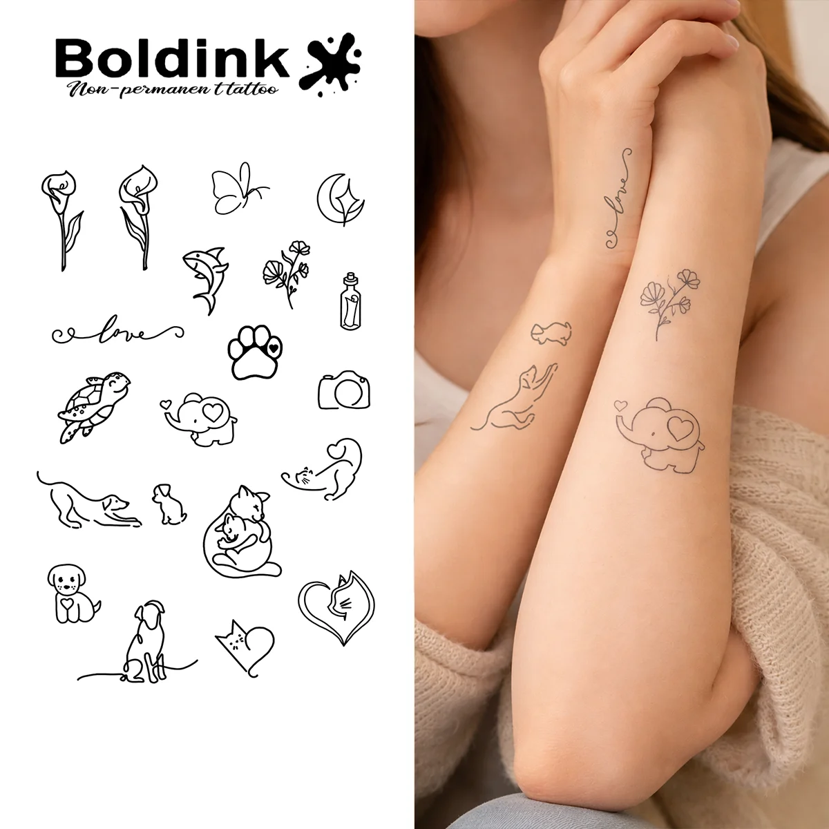 

BOLDINK Cute Pet Theme Tattoo Sticker Unisex Stylish Easy Apply Waterproof Long Lasting 1-2 Week