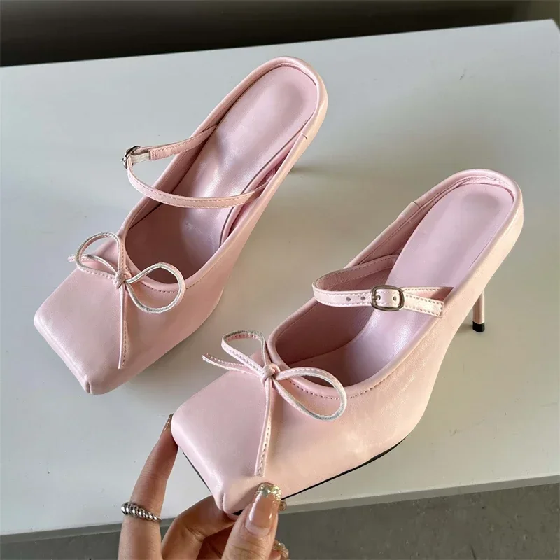 

New Bow Design Square Toe Heeled Sandals Women Buckle Strap Thin High Heels Slipper Sexy Ballet Shoes Party Dress Mules Pumps