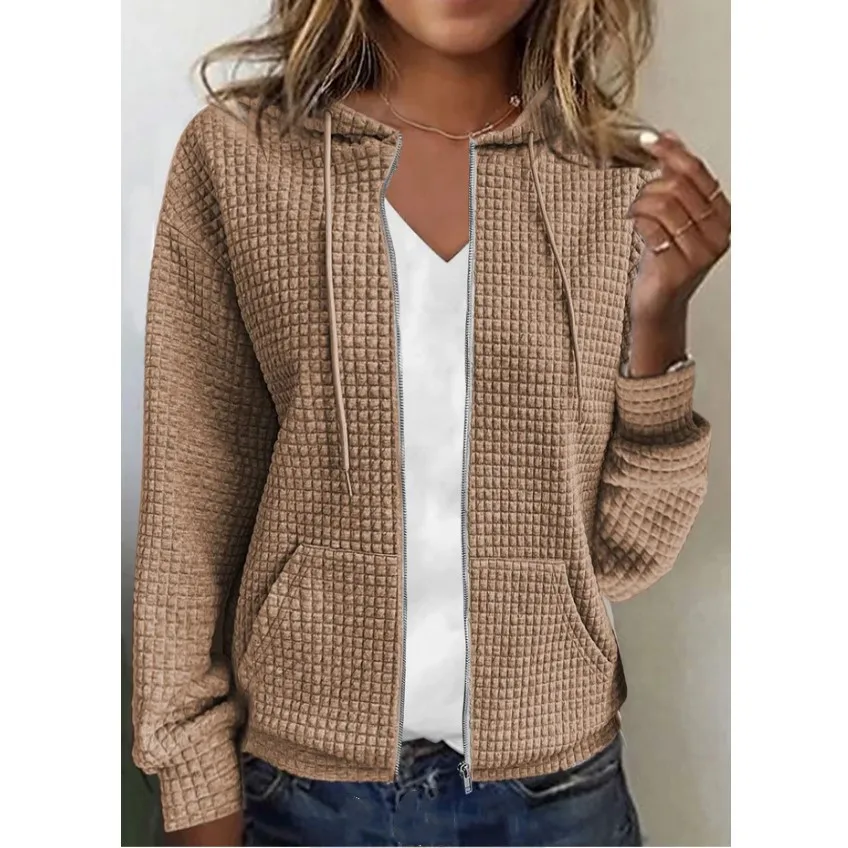 Women\'s zipper hooded cardigan jacket long sleeve casual solid color sweatshirt jacket