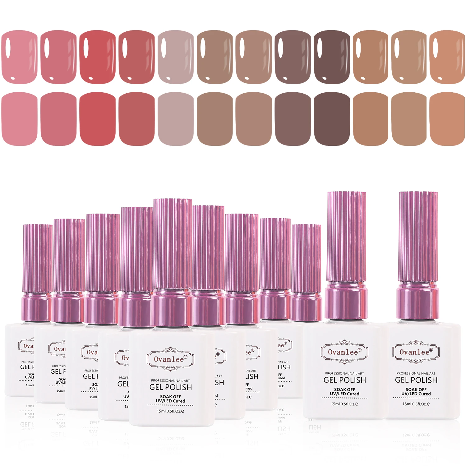 Ovanlee 12-Piece Nail Art Gel Kit – Elegant Pink, Brown & Nude Shades, Ultra-Long Wear UV Polish with Glossy Finish, Easy 4-Step Application for Home Salon