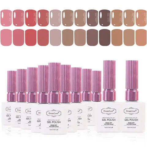 Ovanlee 12-Piece Nail Art Gel Kit – Elegant Pink, Brown & Nude Shades, Ultra-Long Wear UV Polish with Glossy Finish, Easy 4-Step Application for Home Salon