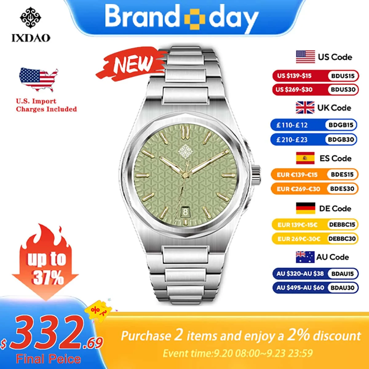 IX&DAO 2026 New 37mm Warrior Men's Automatic Mechanical Watch PT5000 Movement Sapphire Stainless Steel Waterproof 10Bar BGW-9