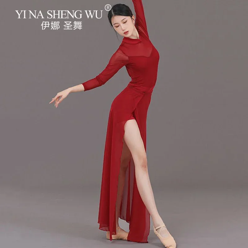 Damski strój do tańca, długi rękaw, klasyczny chiński strój ludowy, kostium do tańca, strój do egzaminów artystycznych, strój do ćwiczeń, długa spódnica z wysokim rozcięciem.