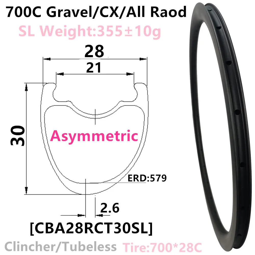 

[CBA28RCT30-700C] Ultralight Asymmetric 370g 28mm wide 30mm Depth 700C Carbon Fiber Road Rims Clincher Tubeless rim