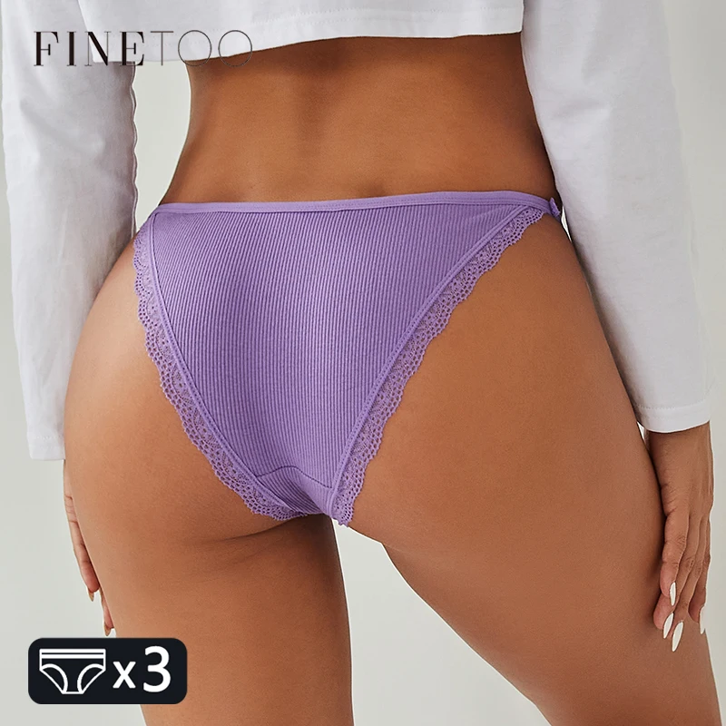 FINETOO 3Pcs/set Sexy Cotton Lace Panties Women Solid Color Low Waist Briefs Comfortable Underwear Female Breathable Lingerie