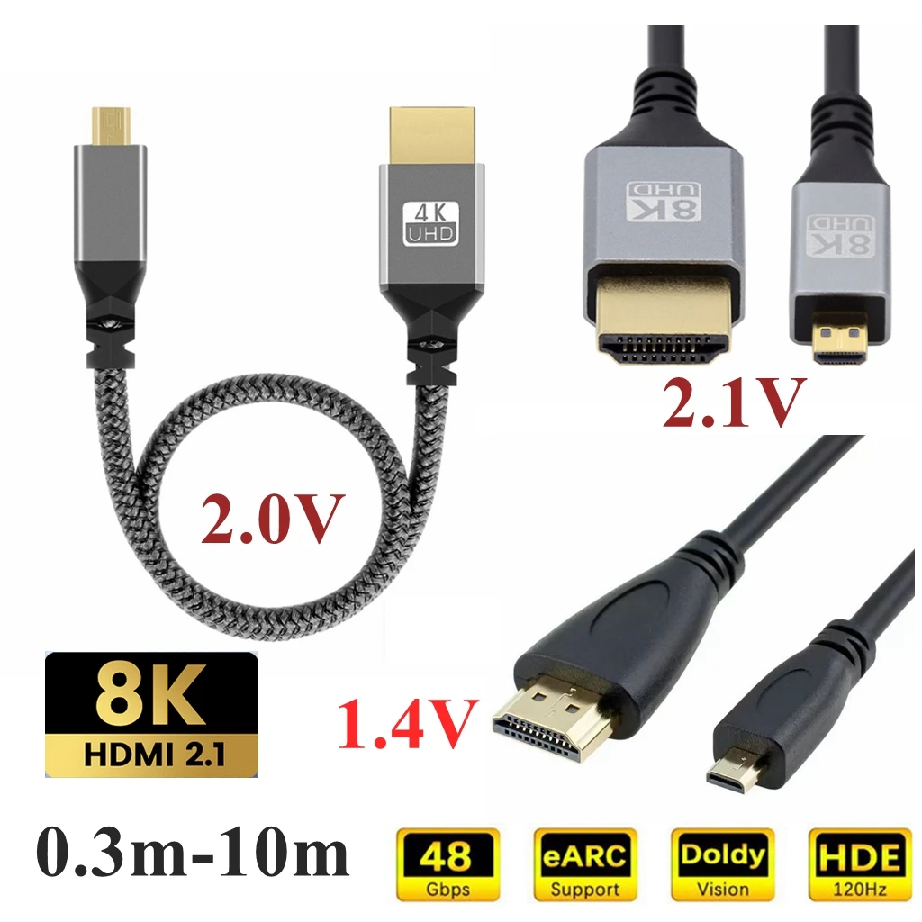 10m 5m 3m 1m 0.3m Micro HDMI to HDTV HDMI-Compatible 4K 8K Cable Cord For GoPro Raspberry Pi 4 Retroid Sony Camera pc TV Video