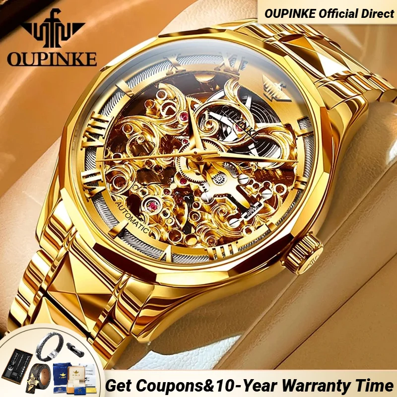 

OUPINKE 3168 Gold Watch Men Hollow Automatic Mechanical Wristwatch Luxury Top Brand Sapphire Mirror Tungsten Steel Wristwatches