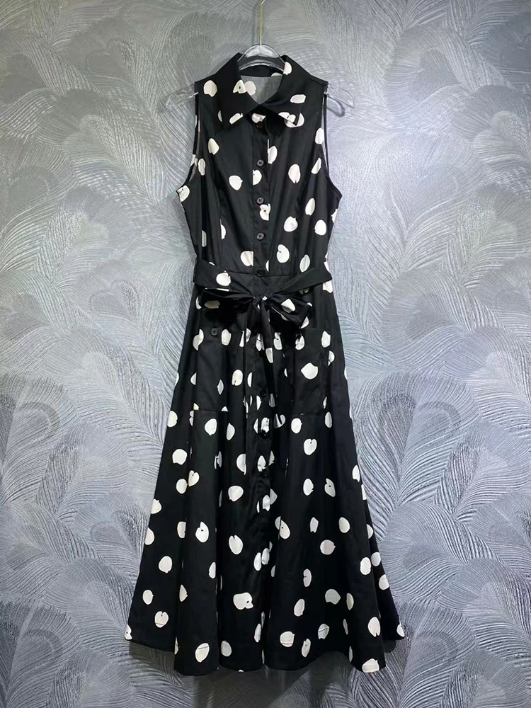 Vintage polka dot print lapel single breasted strap waist sleeveless sundress 2025 spring women's new cotton shirtdress