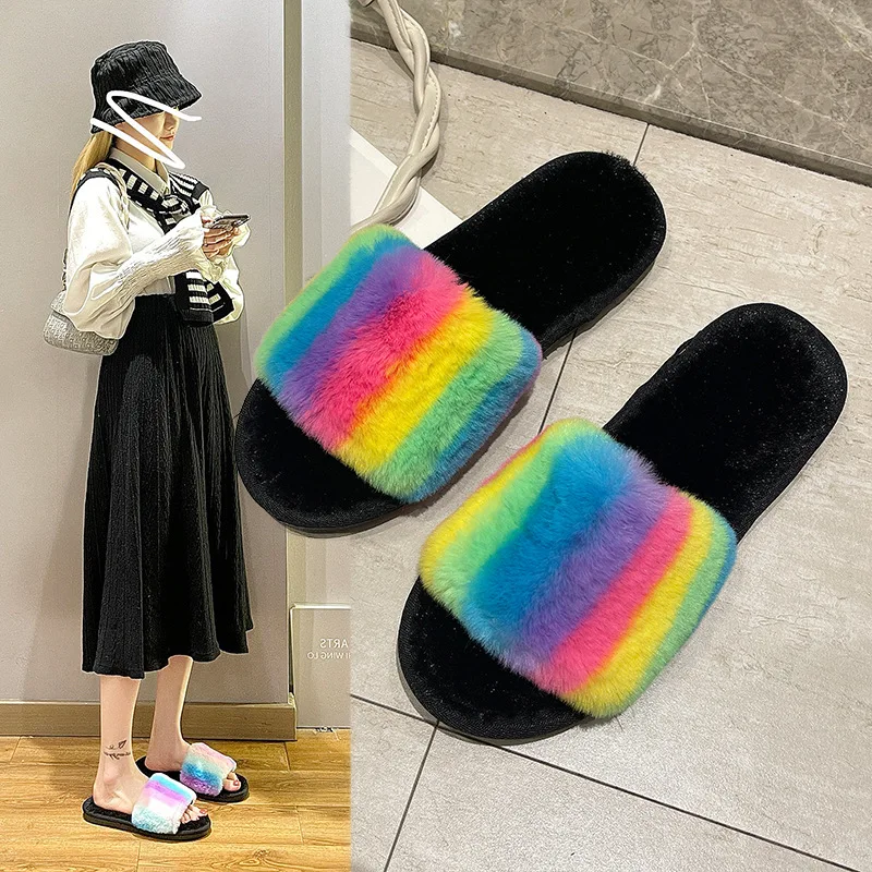 

Fashion Rainbow Home Fur Slippers Women Autumn/Winter Mix Color Soft Sole Plush Slippers Woman Indoor Flat Heel colorful