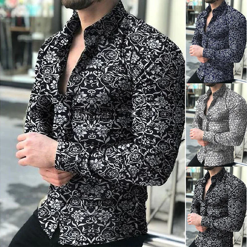 

Повседневная длинная све irt с цветочным принтом, мужская весенне-осенняя трансграничная Юго-Восточная Азия, новая повседневная одежда с подставкой