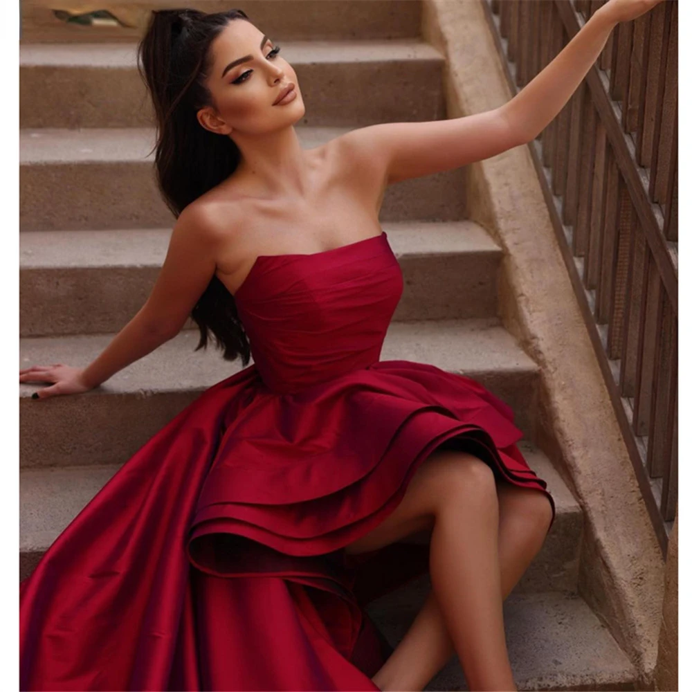 Hoog Laag Strapless A-lijn Galajurken Op maat gemaakte mouwloze robes de soirée Formele feestjurken Dames satijnen avondjurk