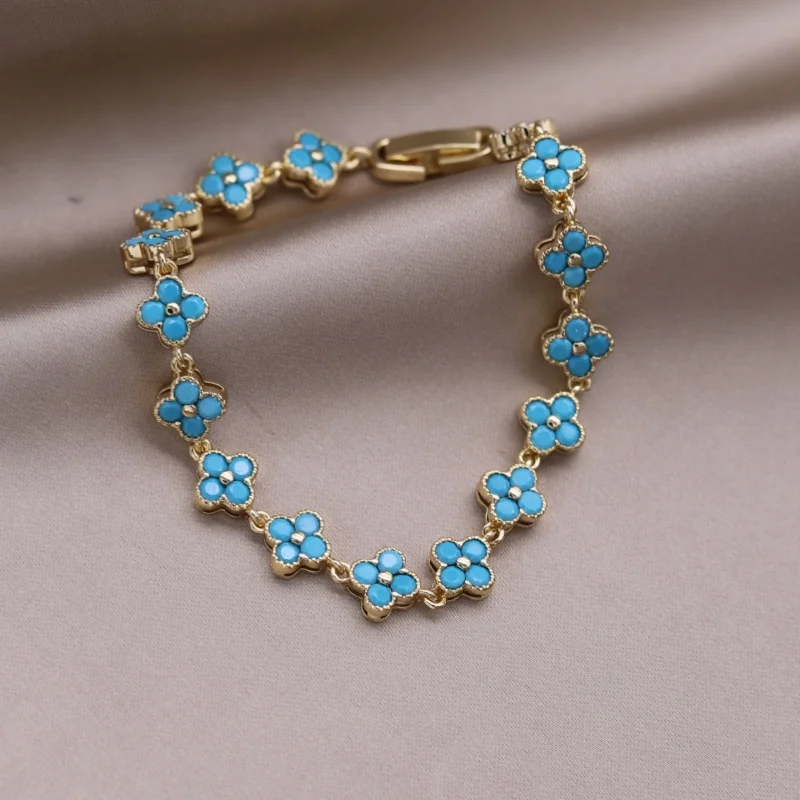 Korean new design fashion jewelry 14K gold plated luxury blue zircon flower bracelet elegant women's daily work accessories