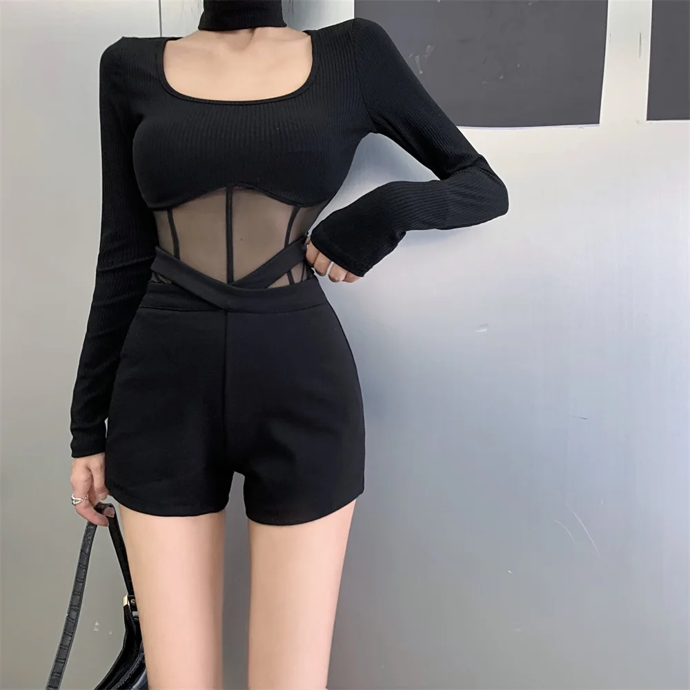 Black Lace Splice Long Sleeve Bodysuit Women's Base Shirt Sexy Trendy T-shirt Net Patchwork Elegant All Seasons Fashion