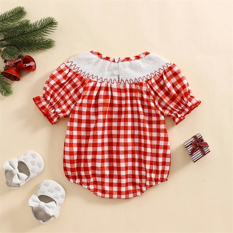 Baby Girls Christmas Romper, Short Sleeve Crew Neck Embroidery Plaid Infant Bodysuit Summer Clothes