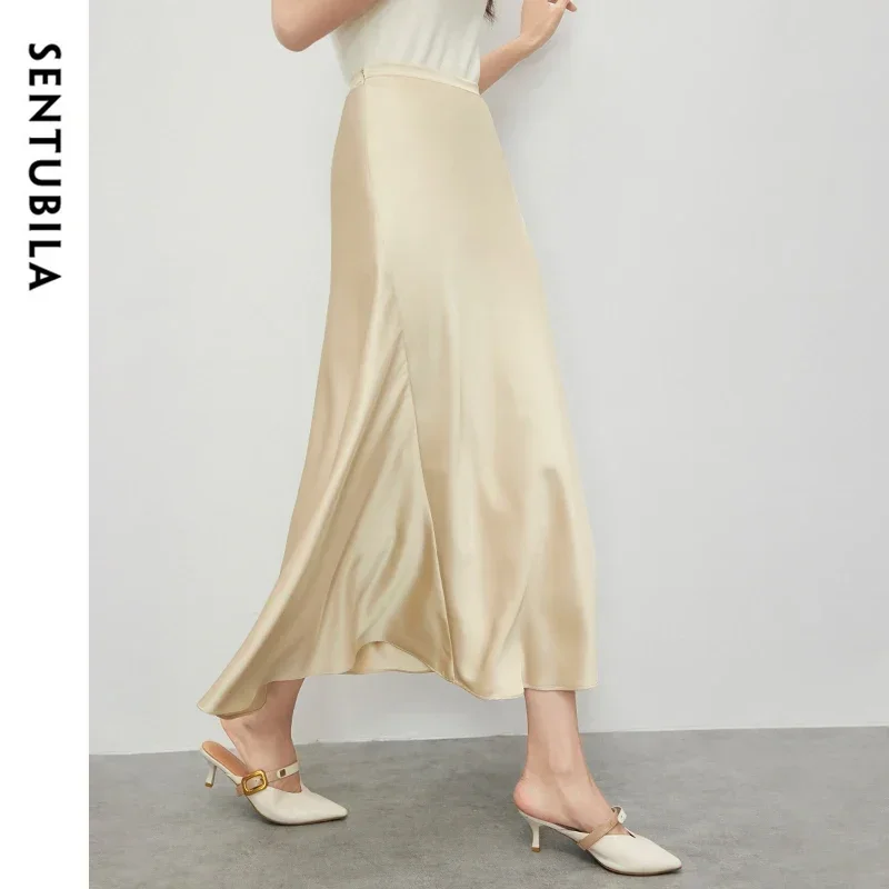 SENTUBILA Luxury Satin Detail Mermaid Skirt For Women 2026 Autumn Texture Elegantly A-line Long Skirt Women Clothing 143Q57619X