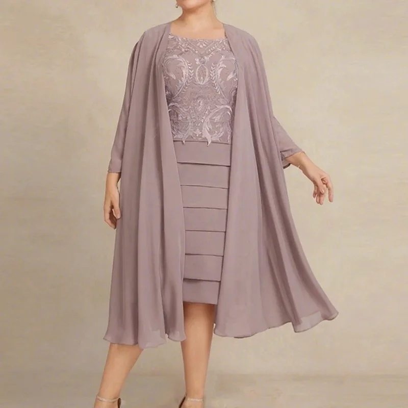 

Mother of Bride Dresses for Women Chiffon New Pink Plus Size Knee Length Full Sleeve Wedding Party Dresse Customized
