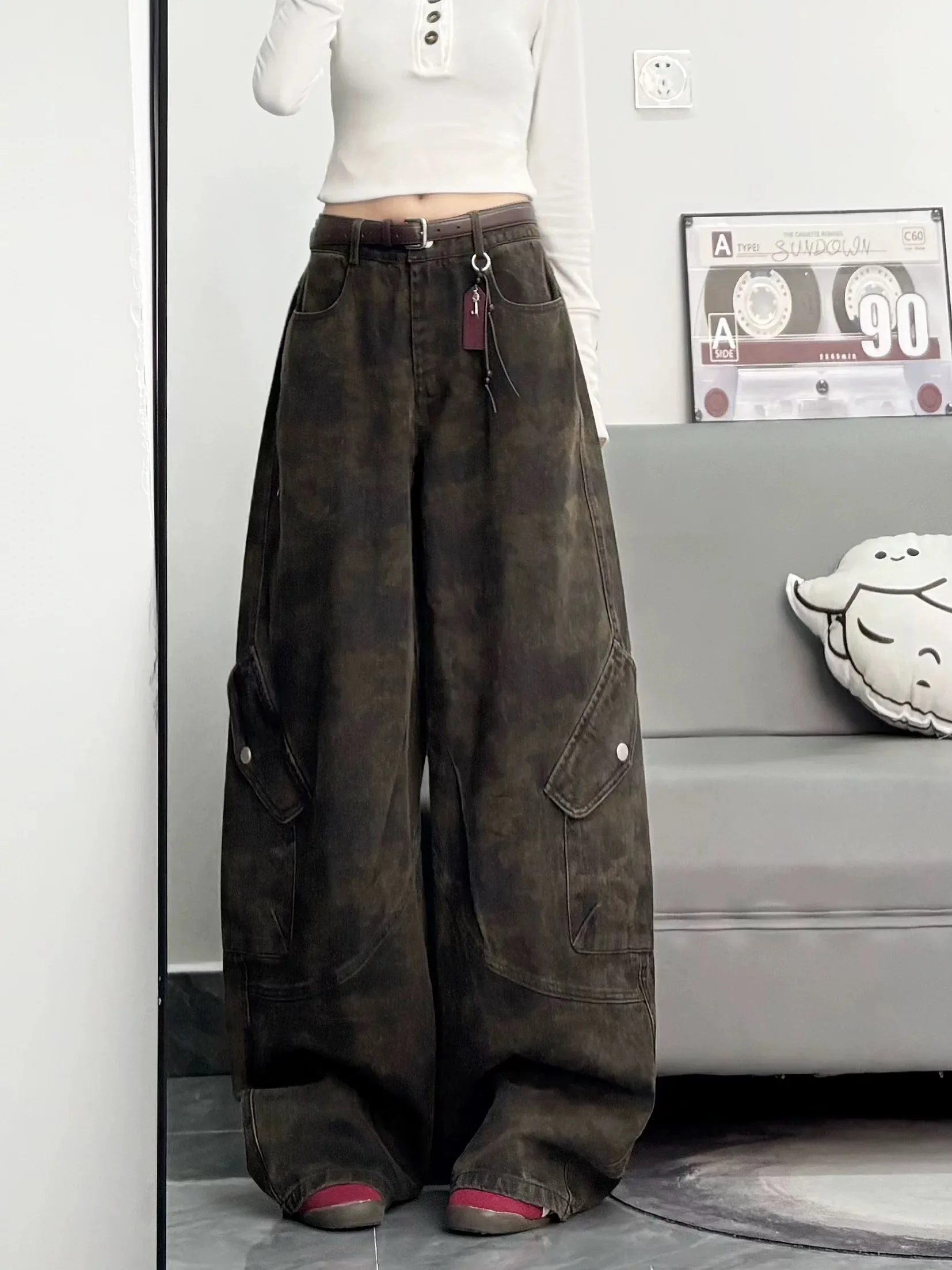 

Y2K Retro Workwear Pants Women Camouflage Wide Leg Denim Winter Multi Pocket Loose Curved Knife Jeans Fashion