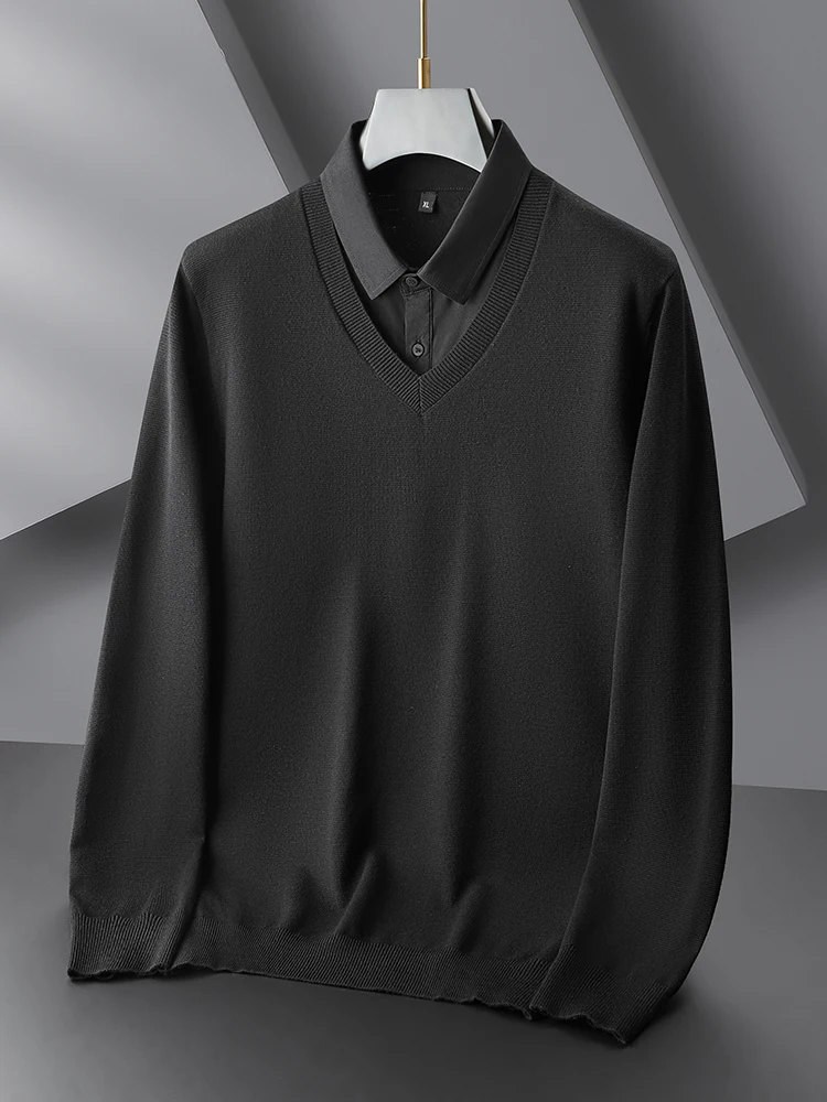 

Мужской вязаный свитер больших размеров в повседневном деловом стиле, осенне-зимний, с эффектом двухслойности, удобный, дышащий, имитация двух предметов одежды