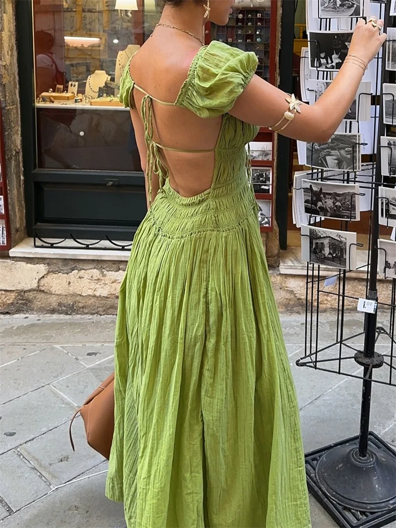 

Holiday Beach Women Prom Dress Sexy Short Sleeves Lace Up Back Casual Green Yellow Party Gown Long A Line Prom Birthday Robe