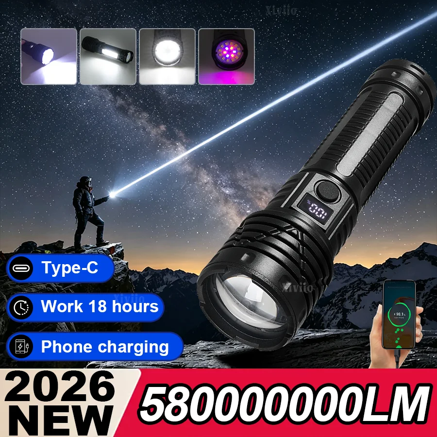 580000000LM Most Powerful Rechargeable LED Flashlight Ultra Bright Long Range Tactical Torch Zoomable Portable Lamp For Fishing