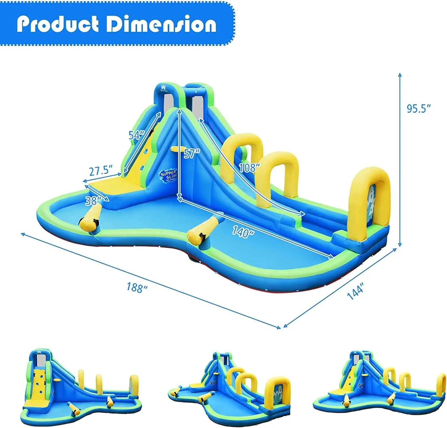 Tobogán acuático inflable 5 en 1, casa hinchable con soplador de 735w, cañones de agua, Tobogán largo con arco