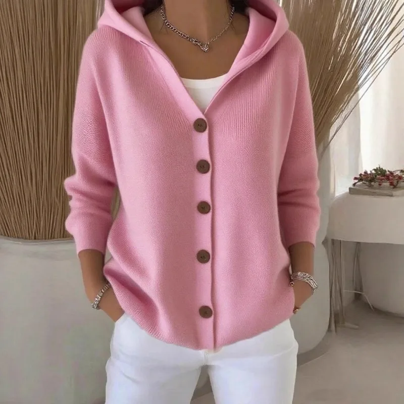

Solid Color Button Knit Hooded Sweater Cardigan Jacket For Autumn Winter New Casual Fashionable Women's Clothing Pulls Femmes