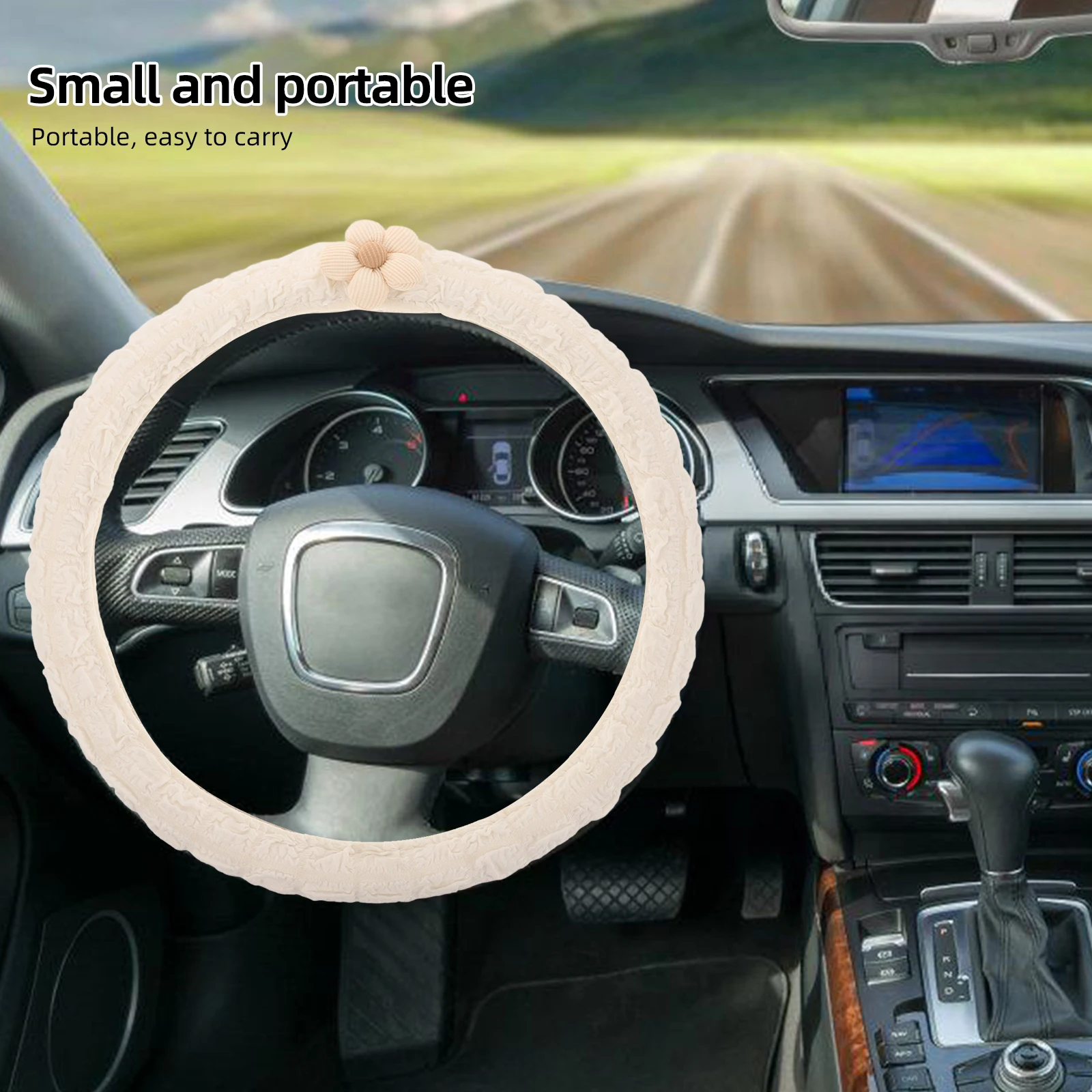 

Steering Wheel Cover Beige Brown Flowers Non Slip Grip Breathable Universal Fit Car Accessories Boho Style Winter