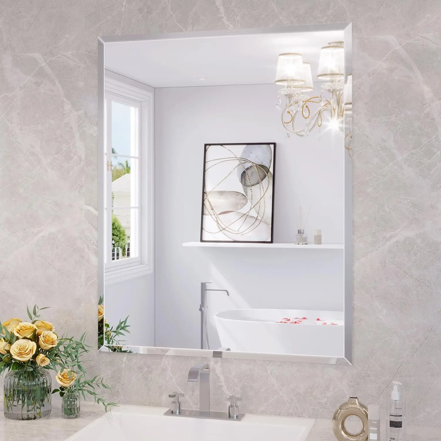 

Frameless Bathroom Mirror, 24x30 Beveled Vanity Mirror for Wall, Modern Rectangle Design, Hangs Horizontal or Vertical
