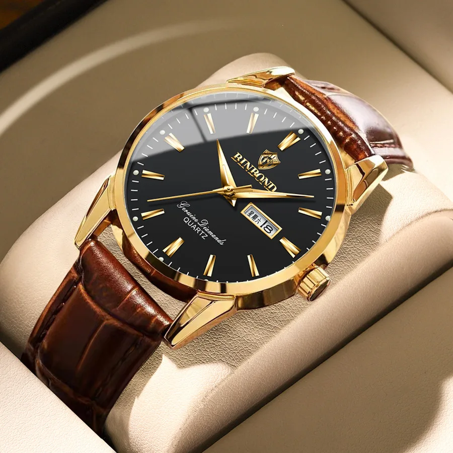 

2023 New Business Luxury Gold Watch Men Casual Leather Quartz Waterproof Luminous Auto Week Date Wristwatches Relogio Masculino