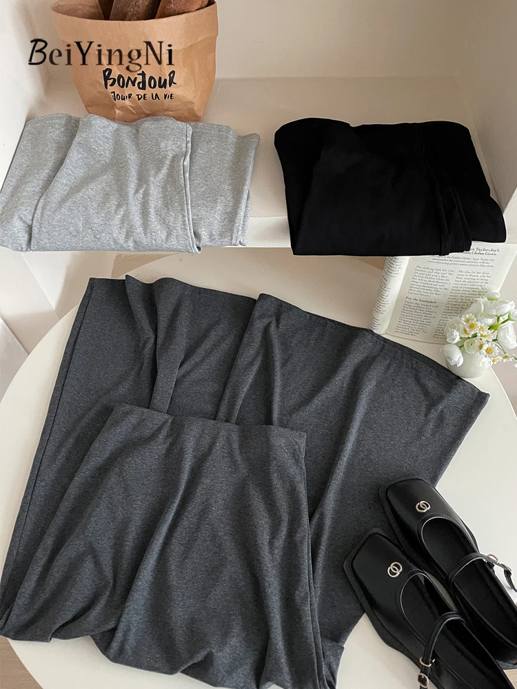Beiyingni Korean Simple Women's Long Maxi Skirts Elastic Waist Elegant Black A-line Skirt Woman Solid Color French Gray Faldas
