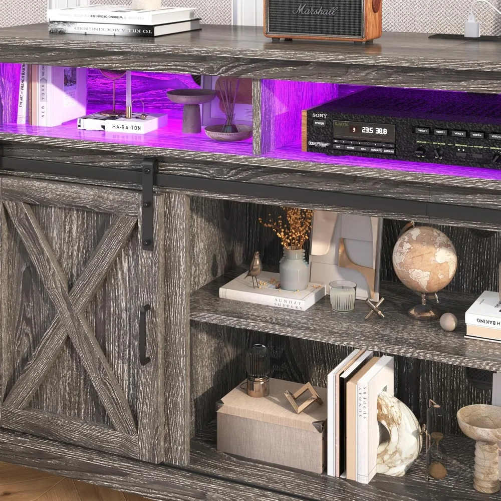 حامل تلفزيون المزرعة لتلفزيون 80/75 بوصة مع مخرج طاقة، مركز ترفيه مع مساحة تخزين وأبواب حظيرة منزلقة، وسائط خشبية #4