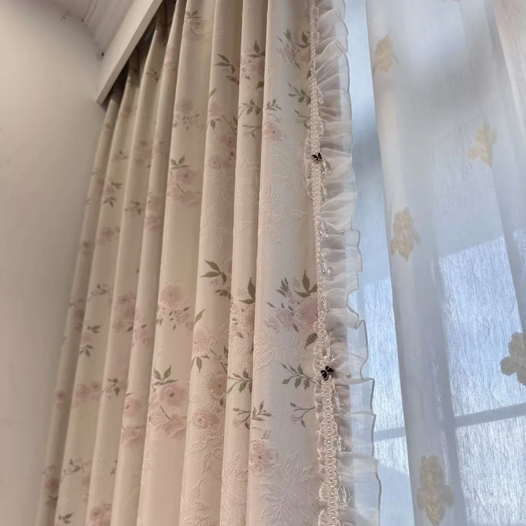 Vintage Pink Rose Embossed Curtain, Romantic Floral Lace Fringe Window Drapes for Girl Bedroom