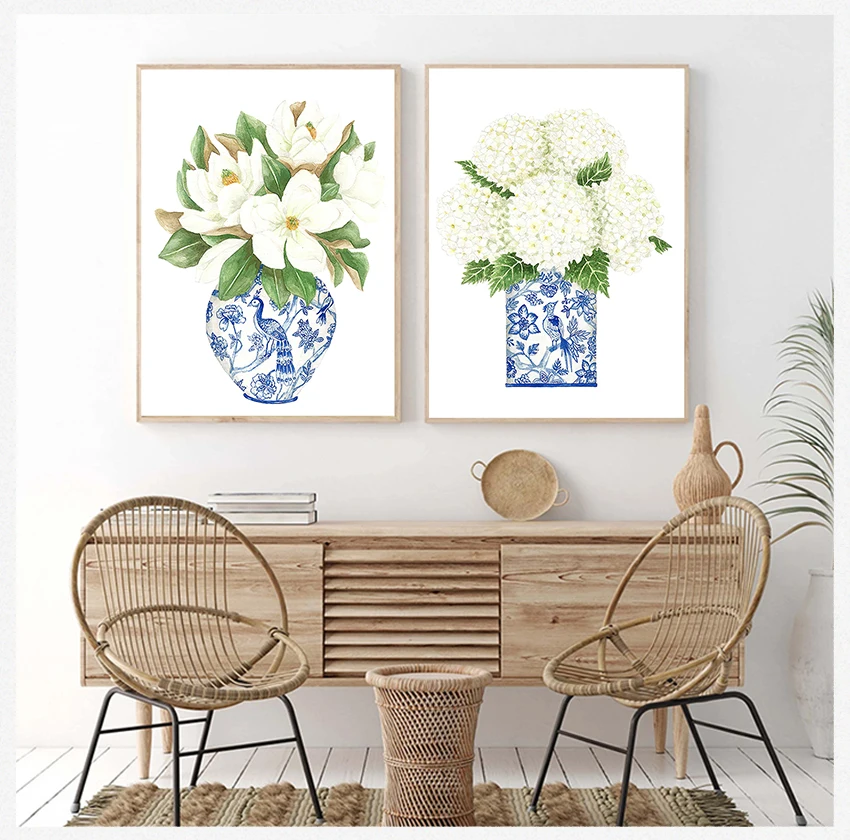 Art Canvas Painting Gallery Wall Art Picture Poster Trendy Wall Decor Blue and White China Magnolia Hydrangea Prints Chinoiserie