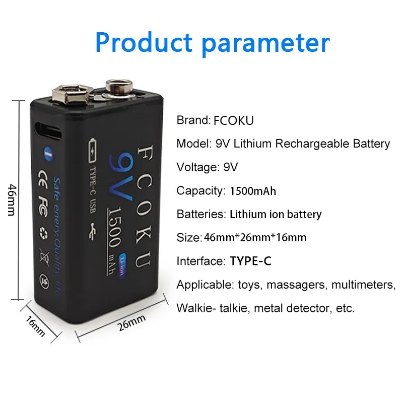 FCOKU – batterie Li-ion Rechargeable de Type C, 9V, 1500mAh, USB, Lithium, pour multimètre, Microphone, jouet + câble de chargement USB