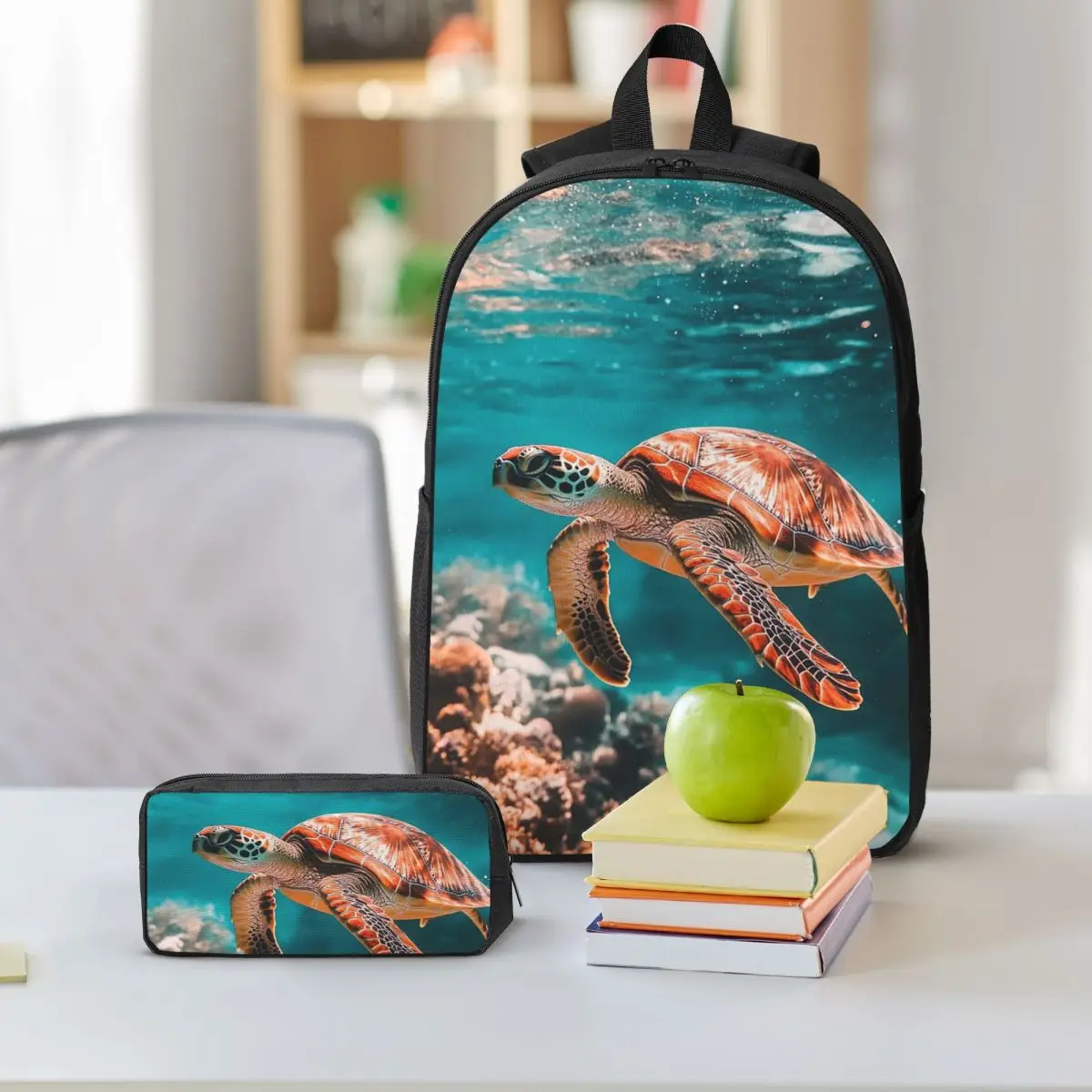 Sea Turtle Swimming In Water Backpack Boys Girls BookBag School Bag Shoulder Bags 3ps Insulated Lunch Bag Pencil Case