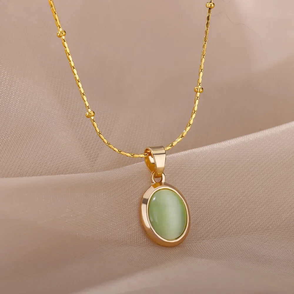 Fashion Stone Opal Oval Necklace for Women Stainless Steel Gold Color Oval Stone Pendant Necklace Wedding Aesthetic Jewelry Gift